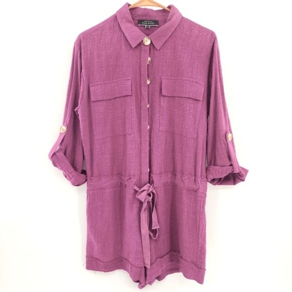 Blue Blush Romper Womens Size Small Purple Roll Tab Sleeves Summer Travel Vacay - Picture 1 of 10